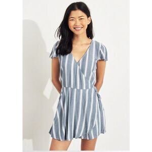 Hollister Abercrombie Womens Wrap Dress Lined Romper Blue White Striped Sz Small